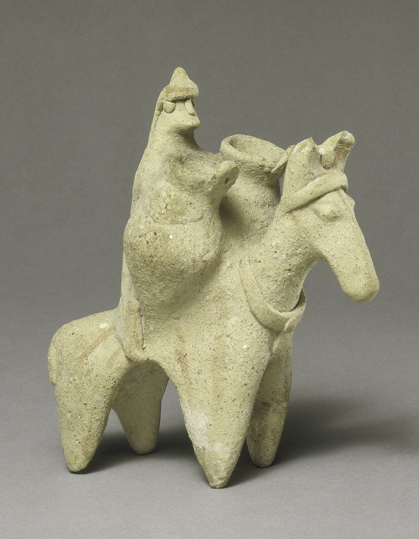 مجسمه سفالی دست ساز مردی که سوار بر خر در حال حمل بار است - قبرس